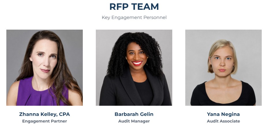 Taxology RFP Team — Zhanna Kelley (Engagement Partner), Barbarah Gelin (Audit Manager), and Yana Negina (Audit Associate)